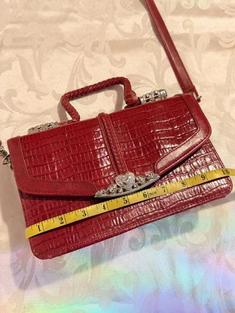 Vintage Red crocodile textured handbag with silver hardware